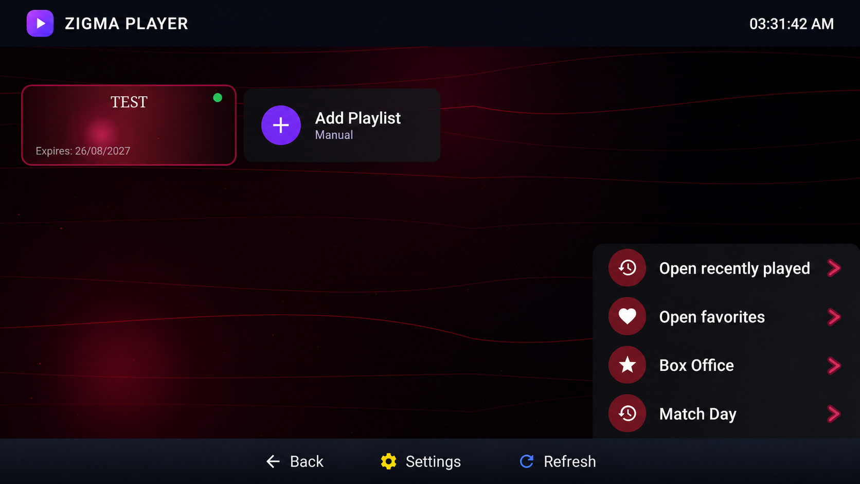 ZIGMA PLAYER home screen on Android TV