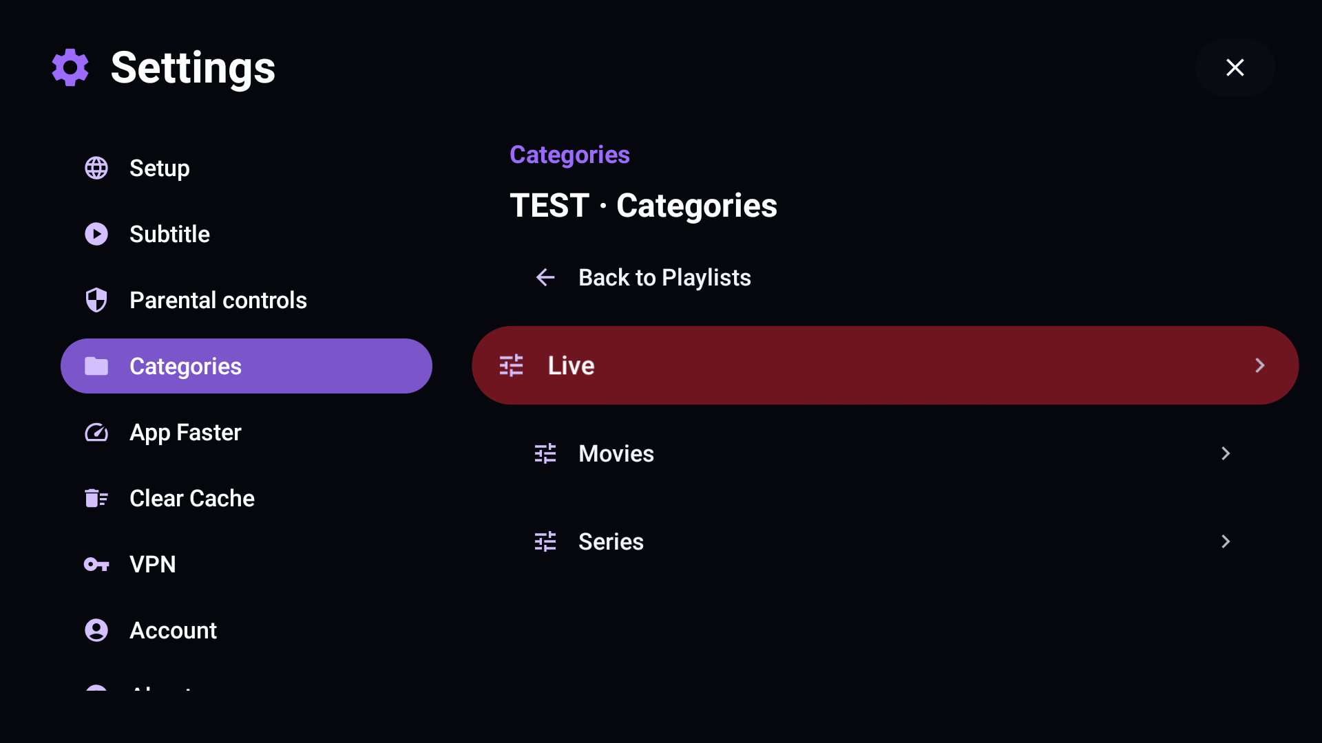 ZIGMA PLAYER category settings